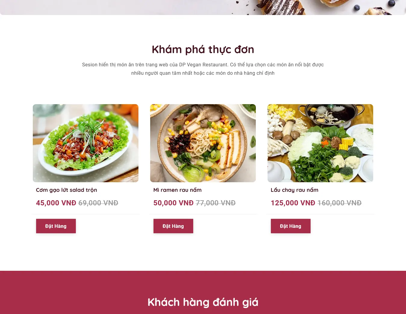 Sesion hiển thị món ăn trên trang web của DP Vegan Restaurant. Có thể lựa chọn các món ăn nổi bật được nhiều người quan tâm nhất hoặc các món do nhà hàng chỉ định