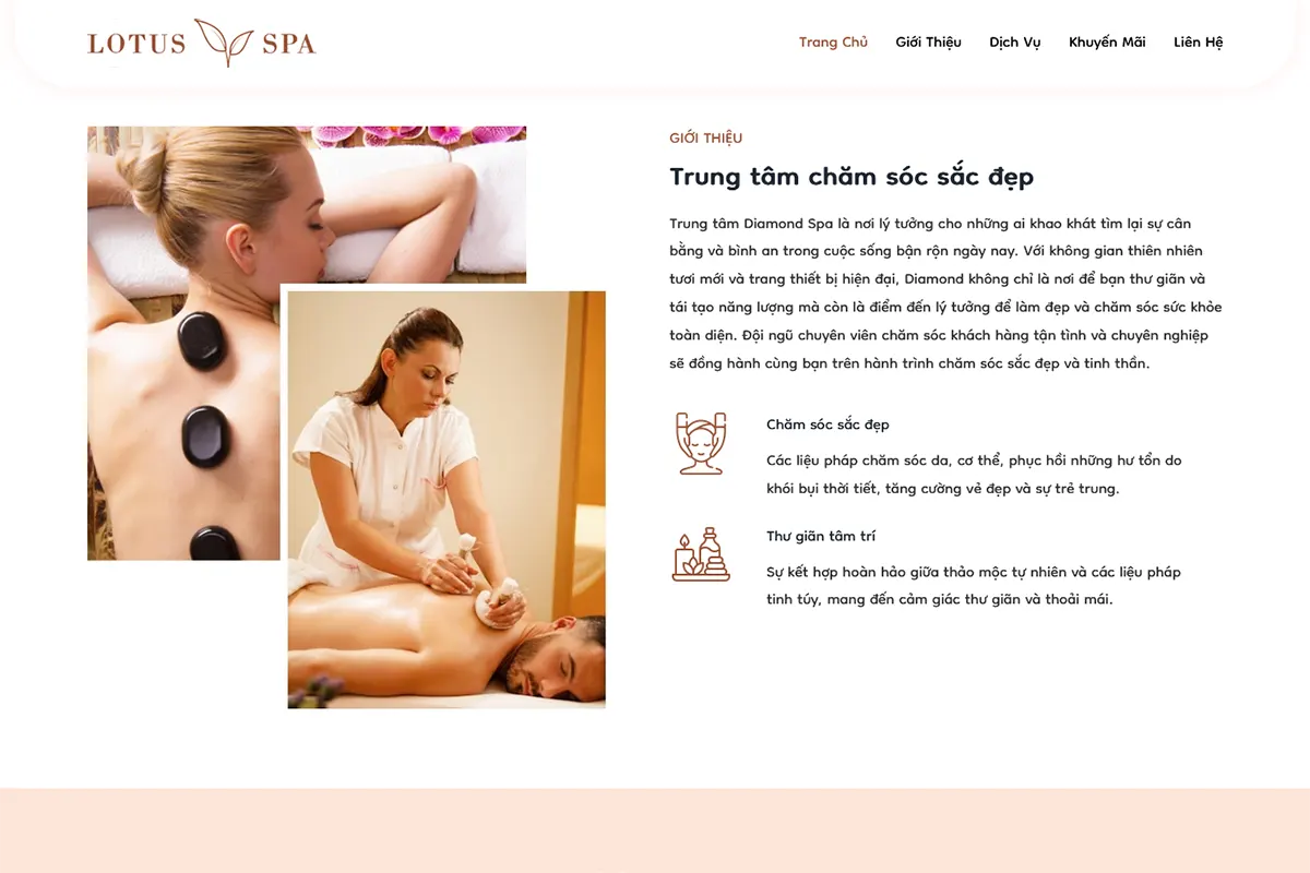 Giao diện mẫu trình bày phần giới thiệu của dp spa,